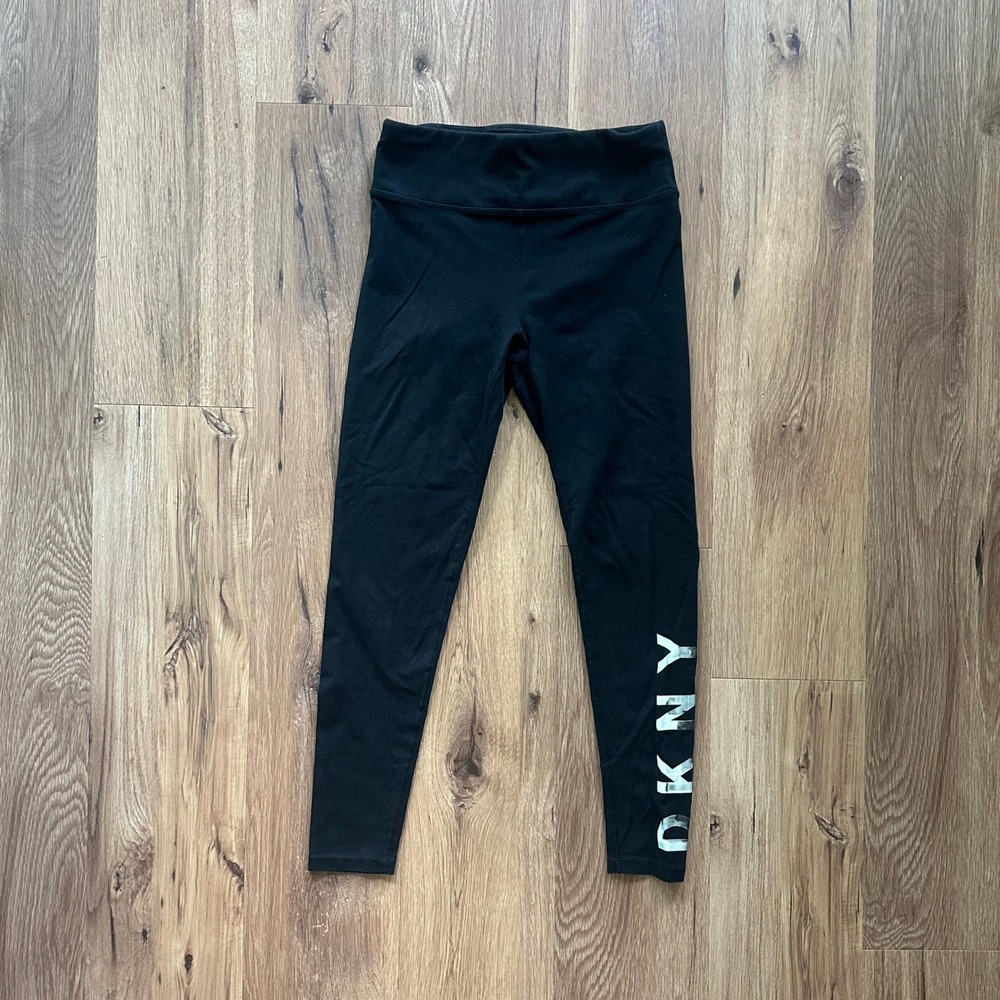 DKNY Sport Womens Black Silver Metallic Logo Cotton Stretch Leggings Size M